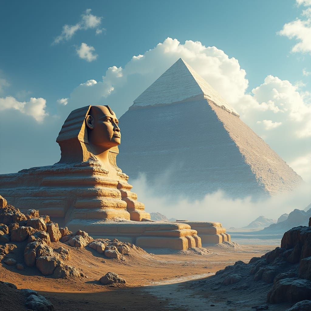 Egyptian Pyramids and Sphinx in Himalayan Fantasy Landscape