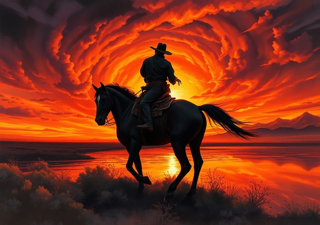 Cowboy Silhouette Against Fiery Romantic Sunset