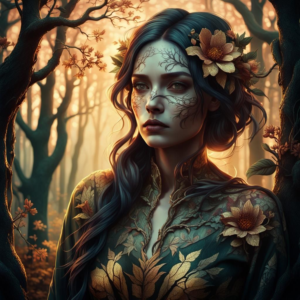 Floral Woman in Eerie Dark Fantasy Forest