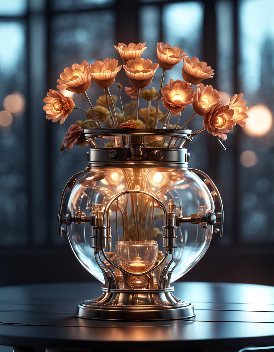 Luminous Steampunk Flower Vase on Glass Table
