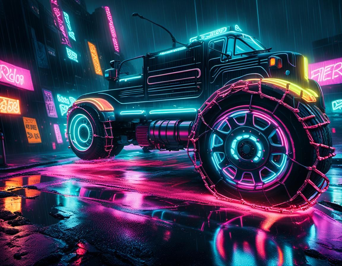 Cyberpunk Truck Navigates Neon Cityscape
