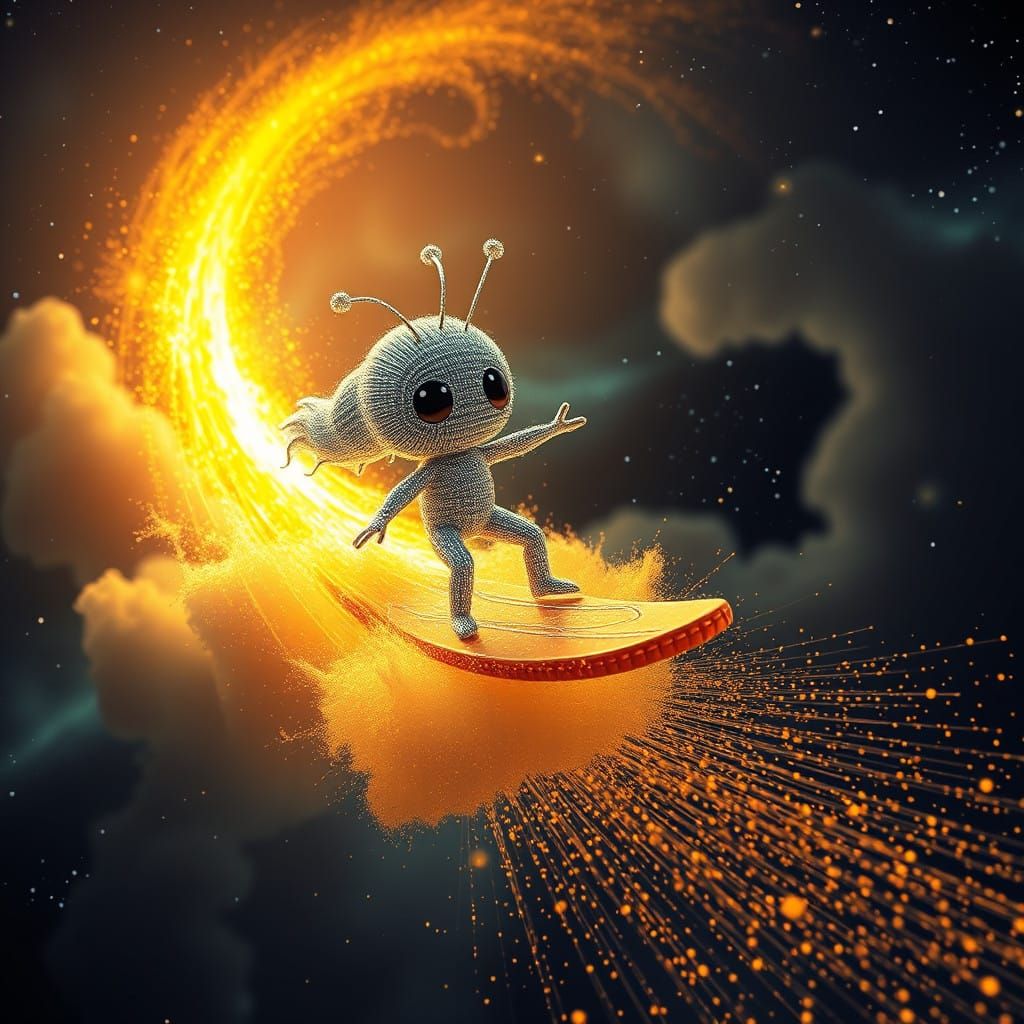 Cosmic Kawaii Surfer Glides on Comet's Golden Tail