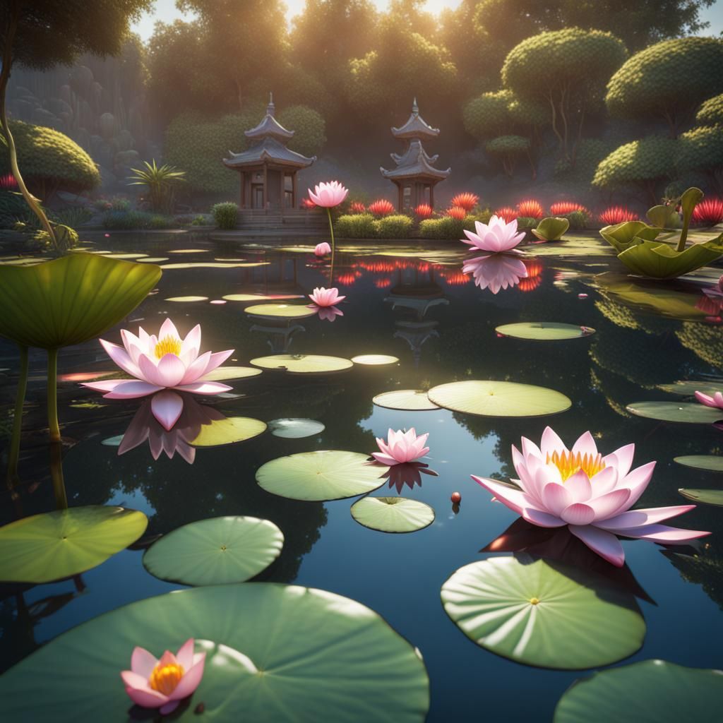 Sunlit Koi Pond with Water Lilies: Fantasy Concept Art