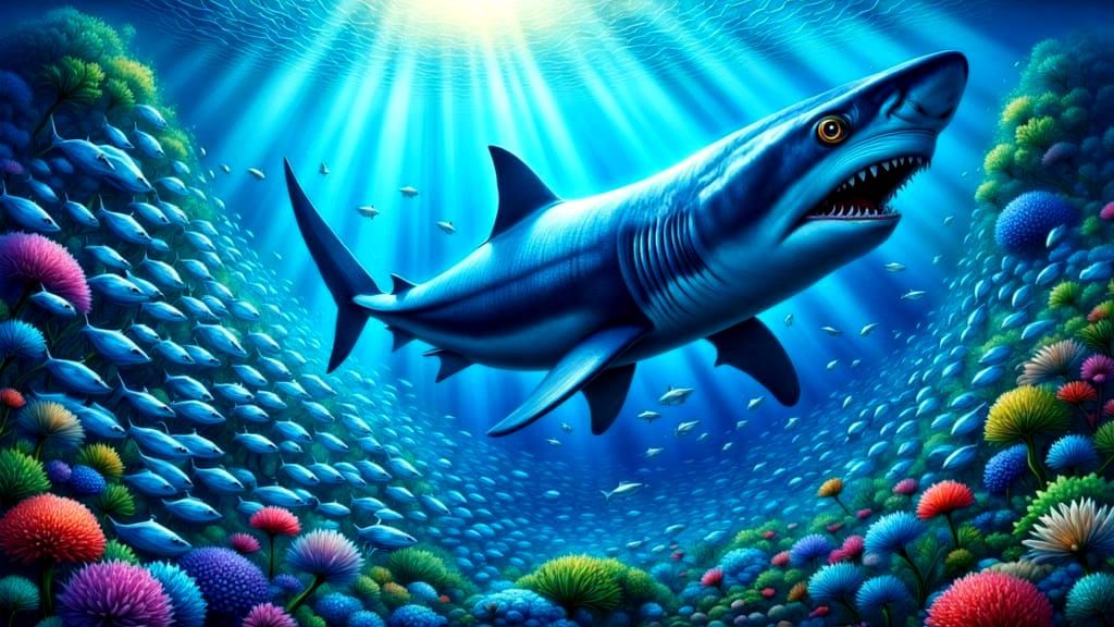 Shark Hunts School of Fish in Vibrant Underwater Scene