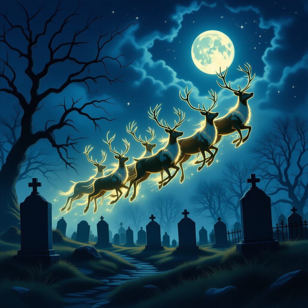 Santa's Reindeers Soar Over Spooky Cemetery at Night