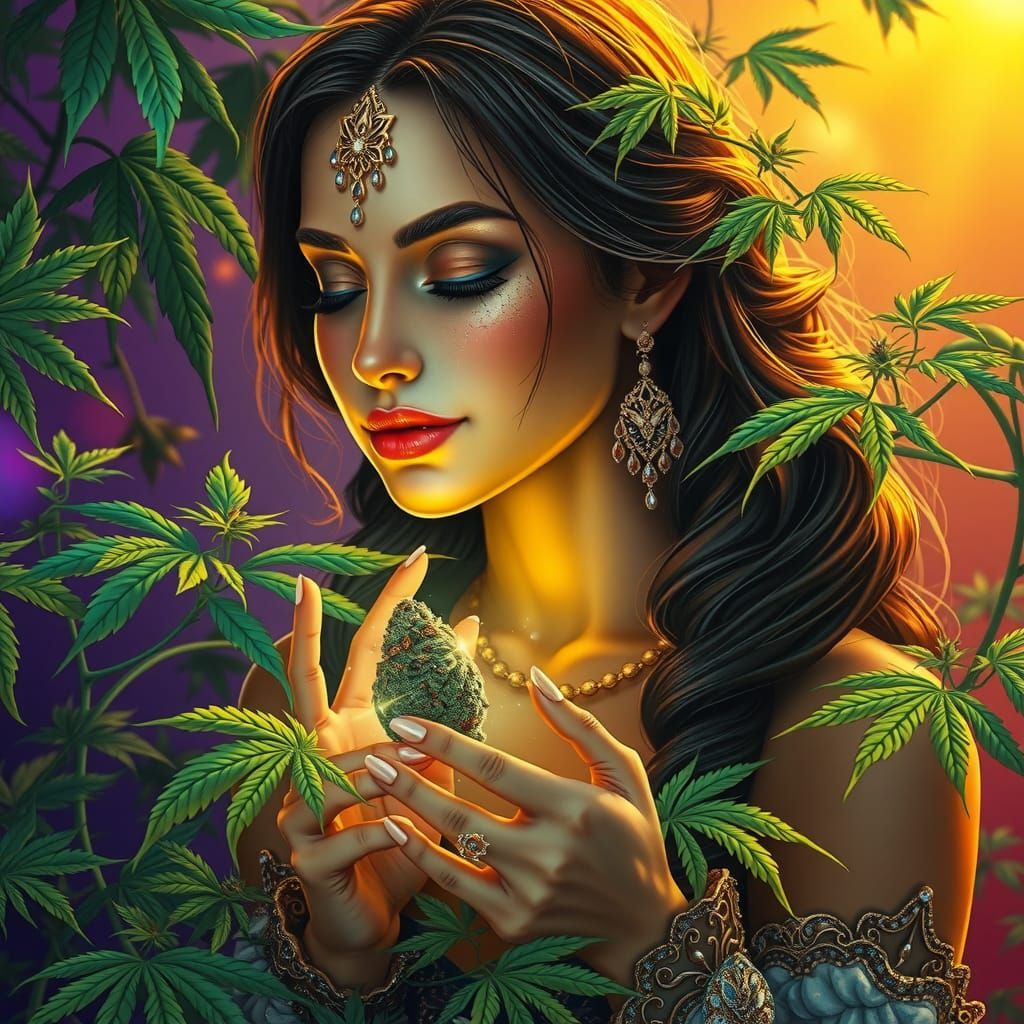 Bejeweled Woman with Cannabis Bud in Psychedelic Dreamscape