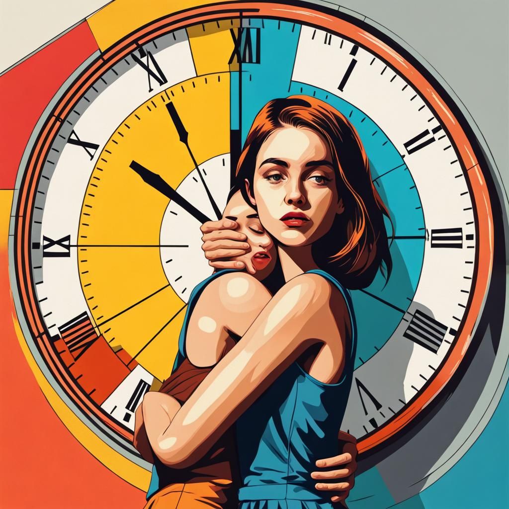 Young Woman Hugging Clock in Pop Art Style