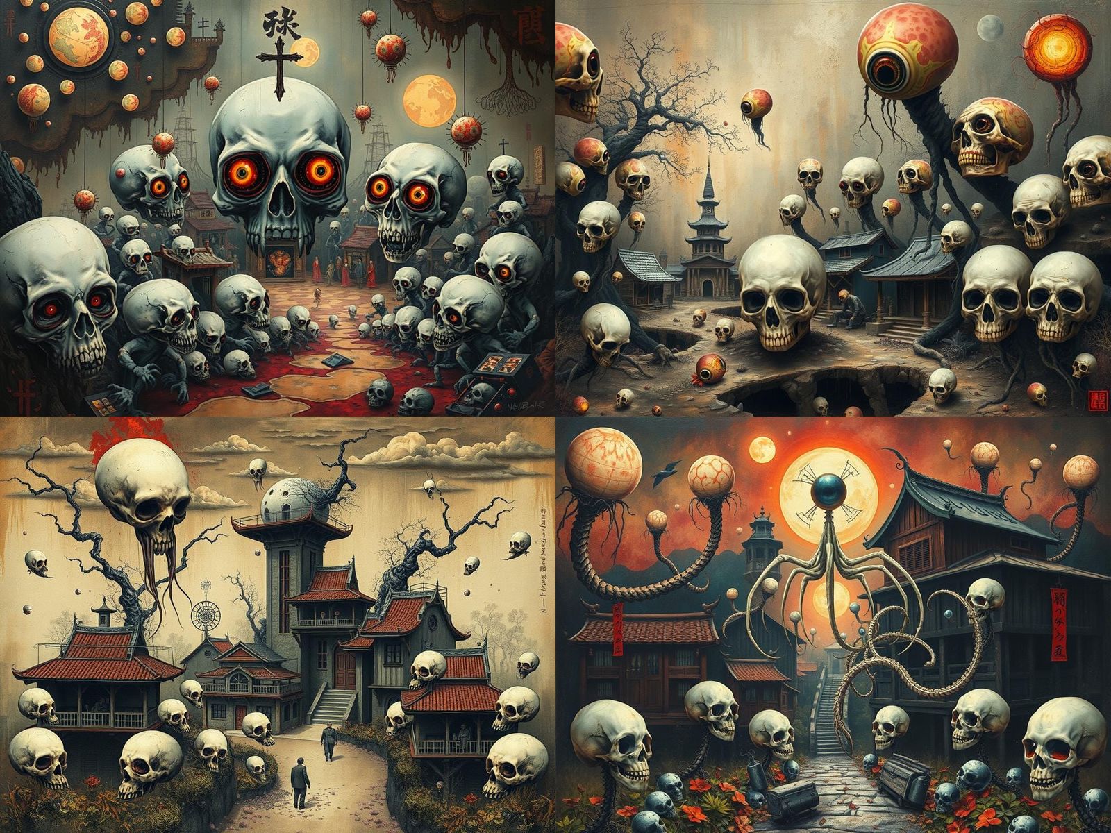 Surreal Horror Village with Mutant Eyeballs and Skulls