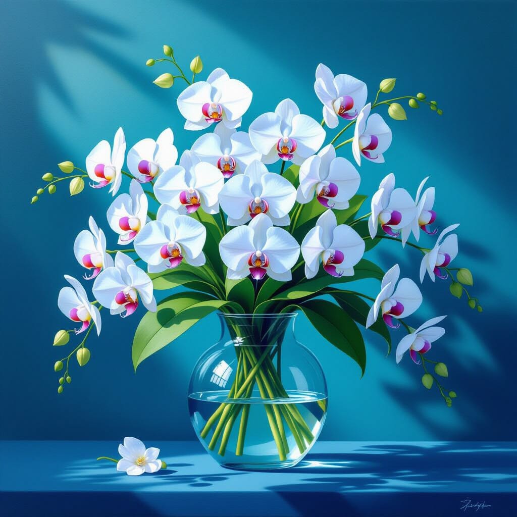Orchids in Glass Vase with Gradient Blue Background