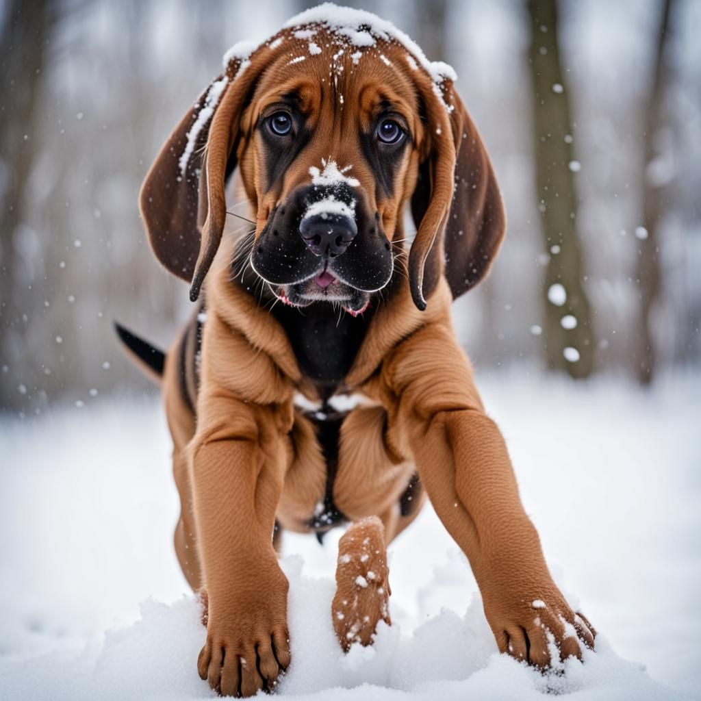 Bloodhound Puppy's Snowy Playtime