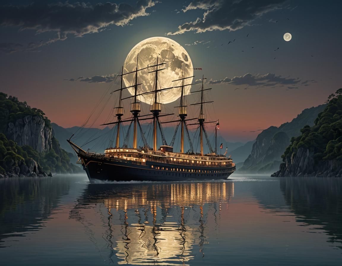 Steamboat Sails on Calm Water at Twilight