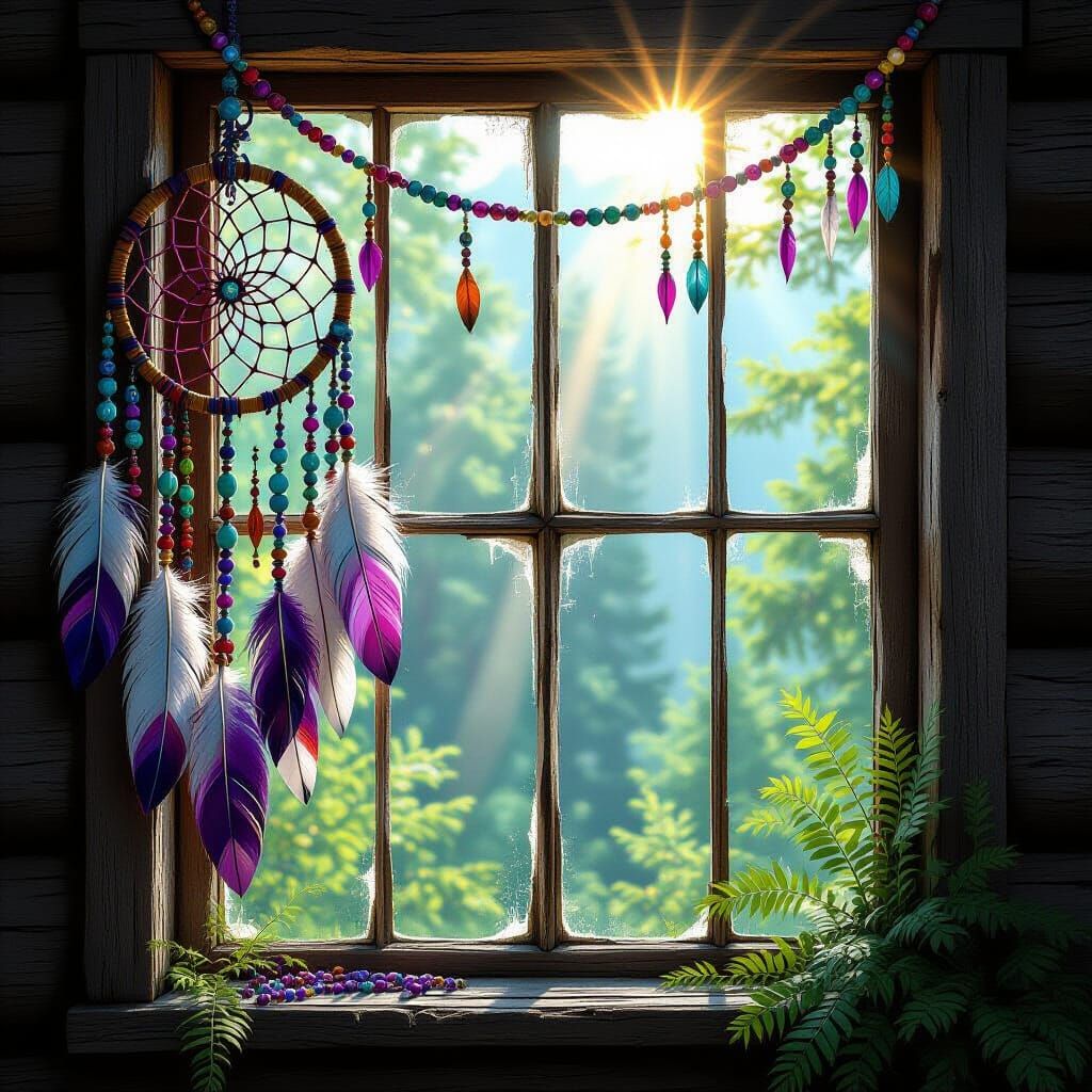 Rustic Window with Dreamcatcher and Forest View