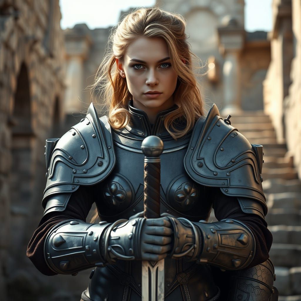 Confident Warrior in Dark Gray and Silver Armor