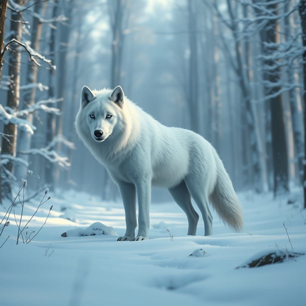 Ethereal Winter Wolf Standing Tall in the Frosty Wilderness