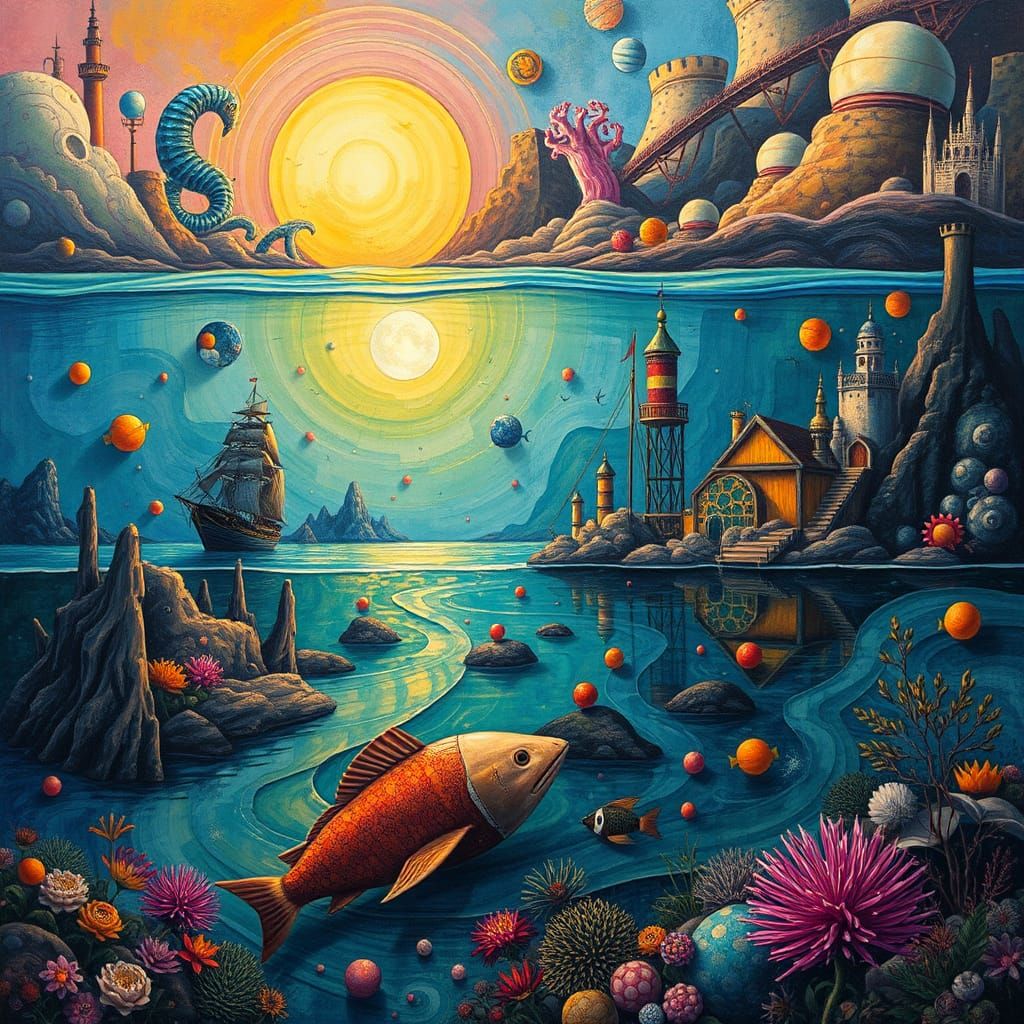 Steampunk Aquatic Landscape in Abstract Surreal Style