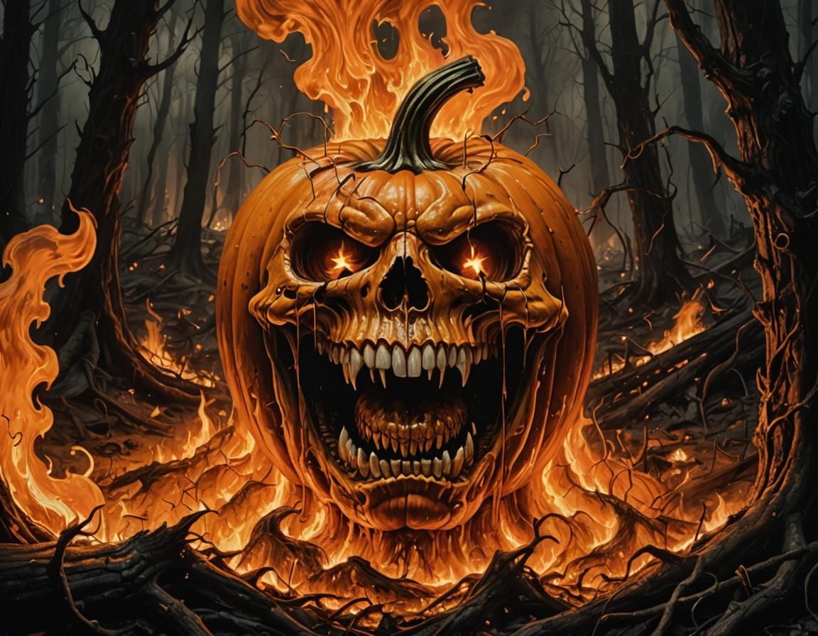Melting Pumpkin Skull Portrait in Surreal Gothic Style