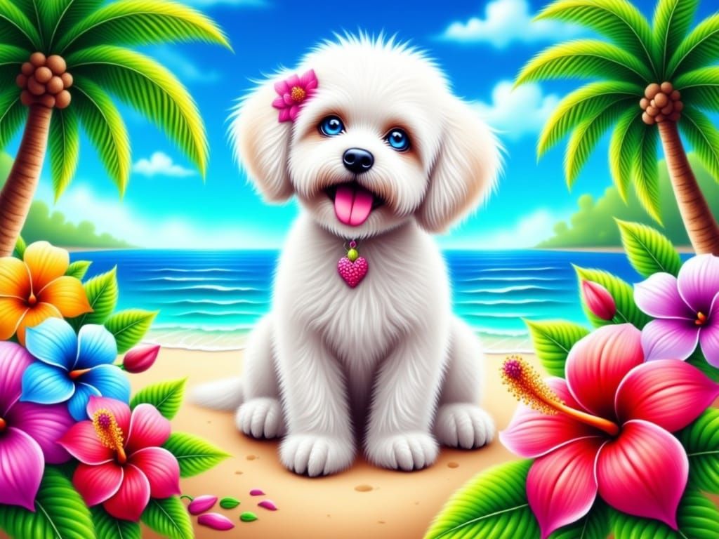 Bichon Frise Surrounded by Tropical Paradise in Vibrant Arti...