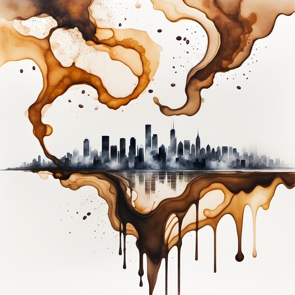 Dystopian cityscape in coffee stain art