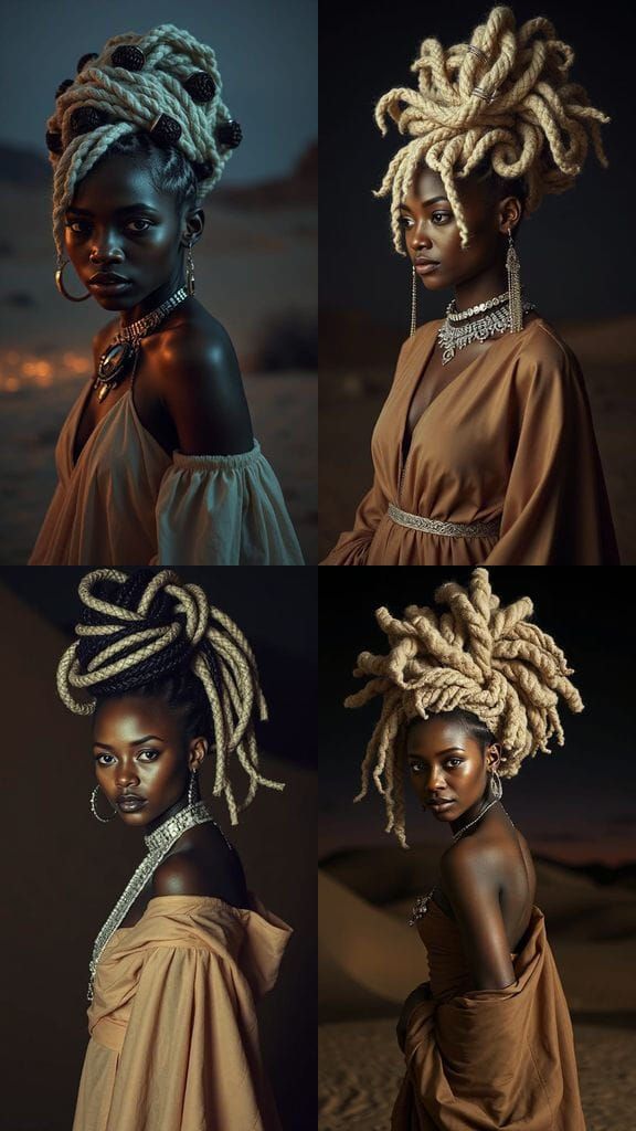 Elegant Woman with Sculptural Hair in Opulent Desert