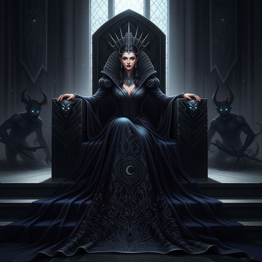 Regal Queen Contemplates Sorrow on Obsidian Throne
