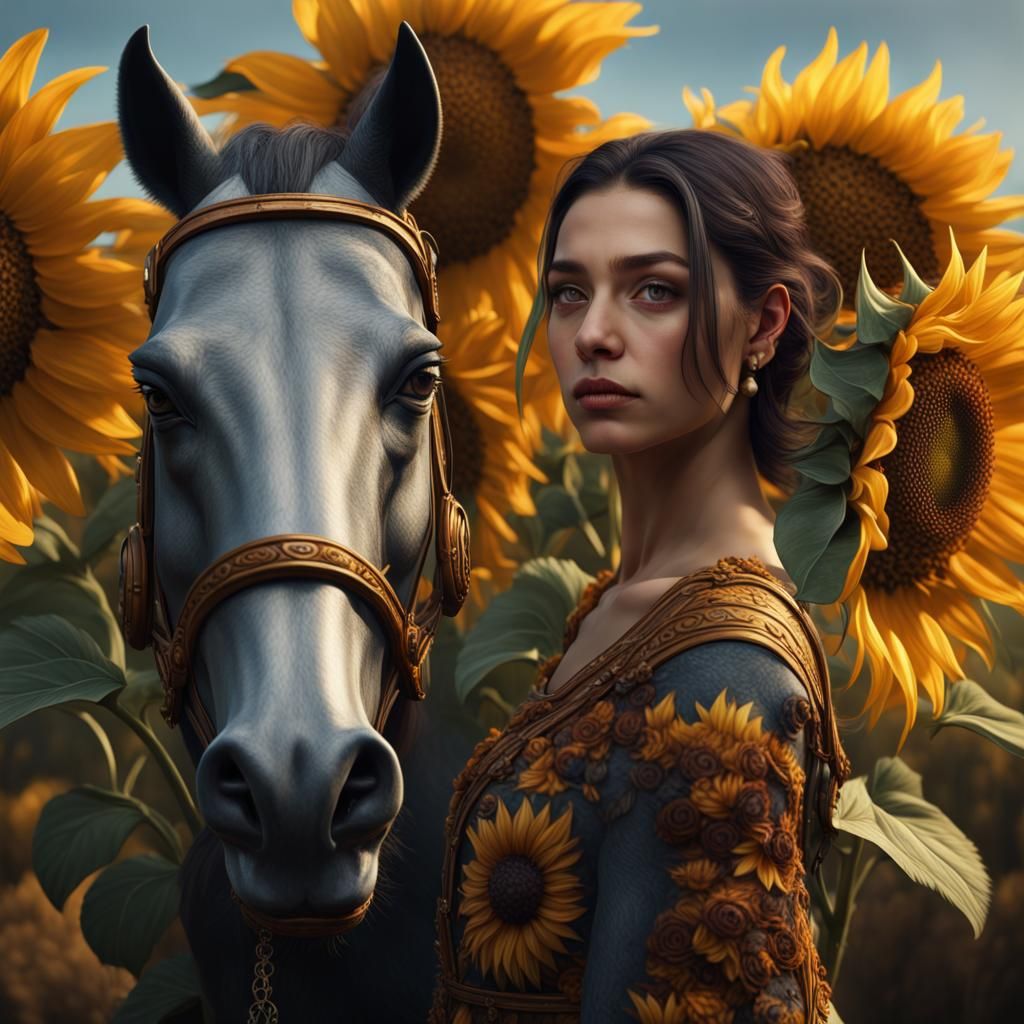 Sunflowers Frame Face with Horse in Background