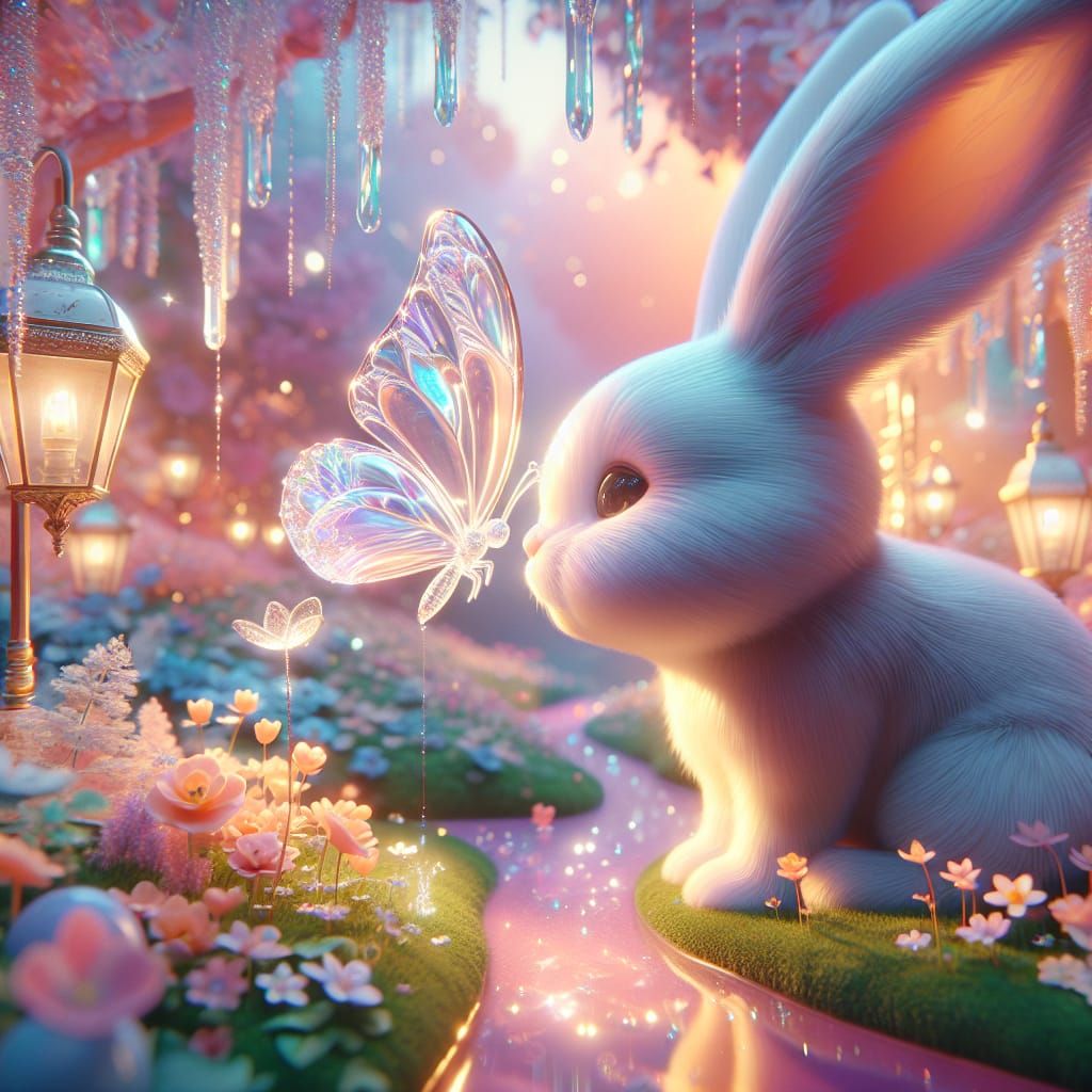 Glass Butterfly on Bunny Nose in Pastel Garden