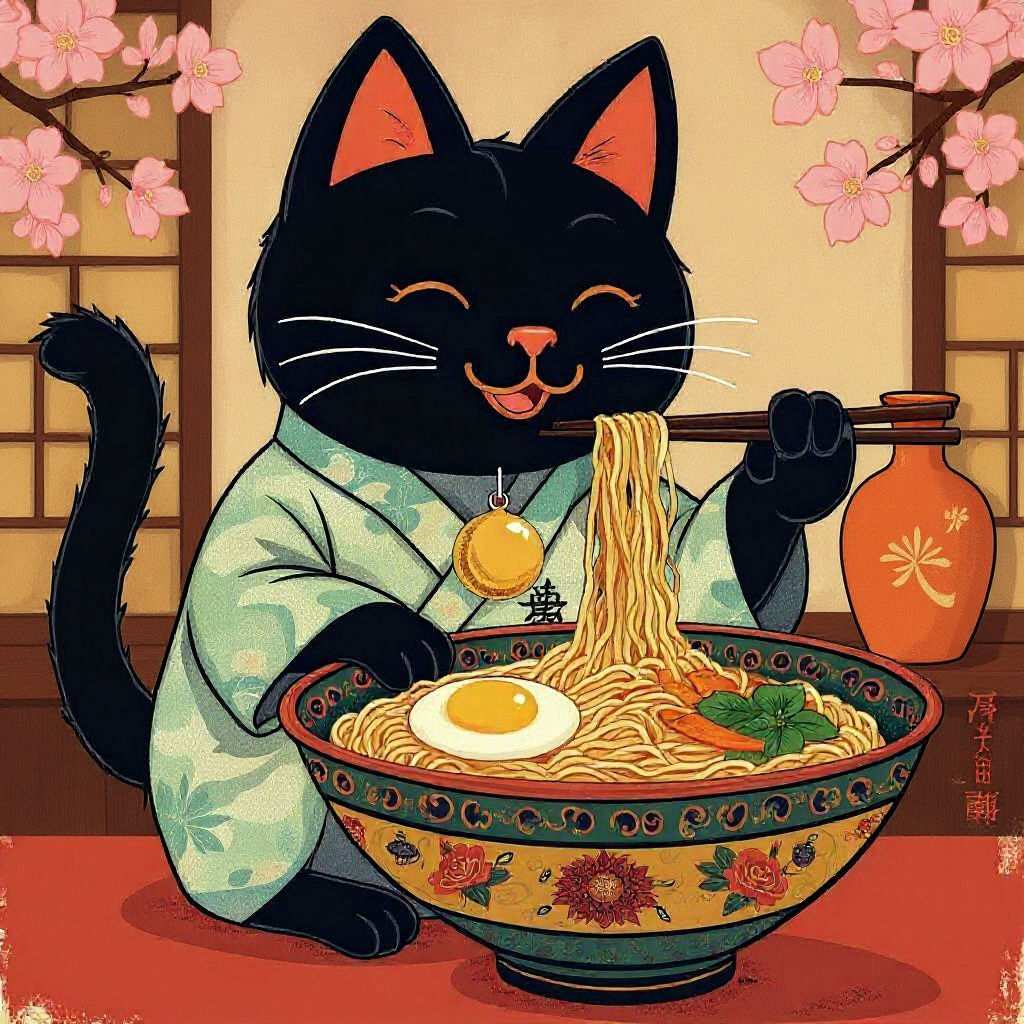 Maneki-neko Cat Eats Ramen Noodles
