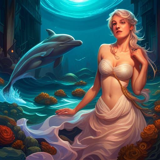 Mermaid Lagoon Sunset Portrait in Hyperdetailed Style