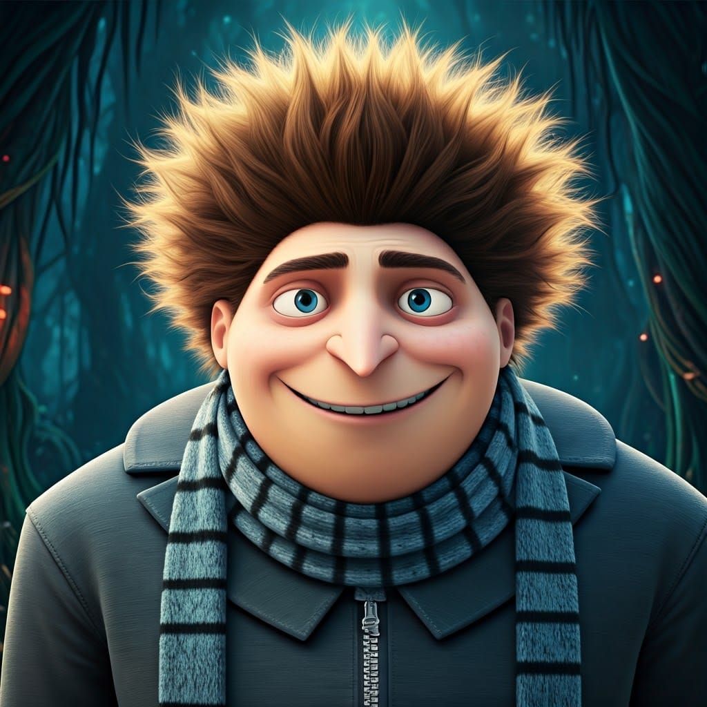 Gru Sprouts Hair in Enchanted Forest: Digital Art