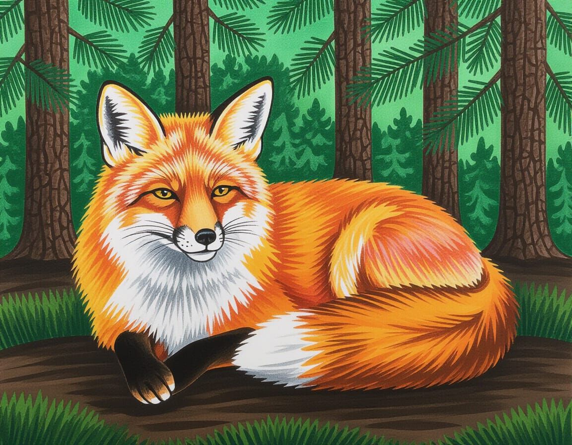 Relaxed Red Fox in Forest, Pencil Drawing