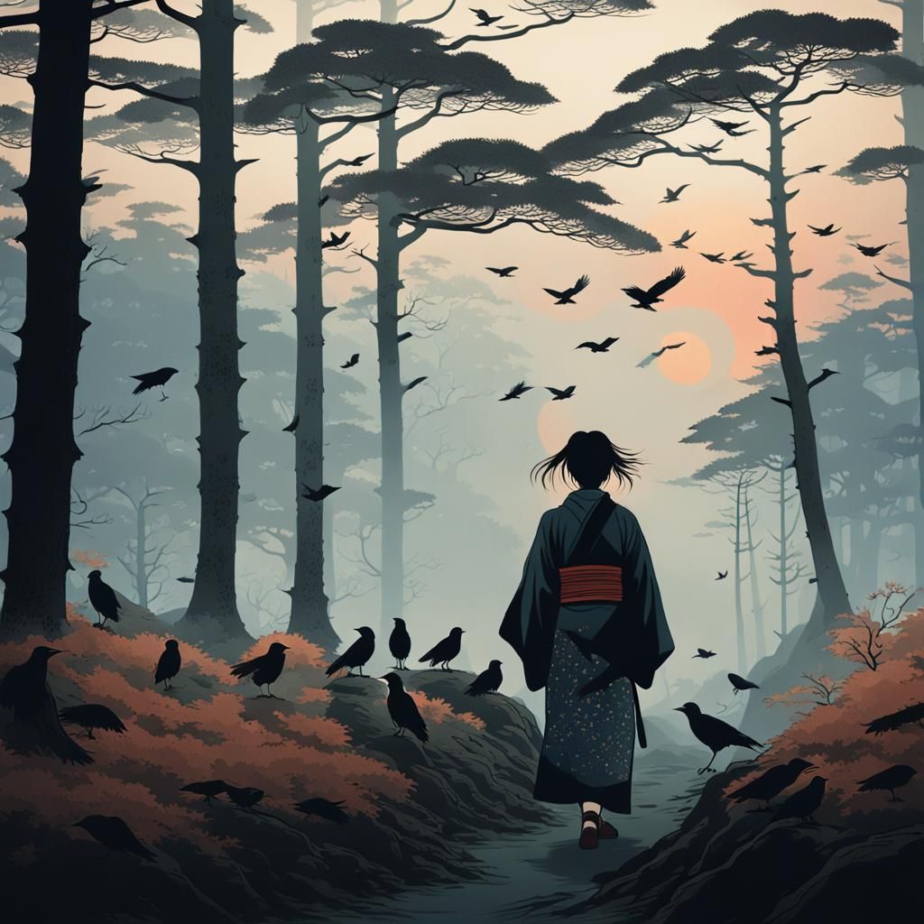 Japanese Lady in Misty Forest: Ukiyo-e Style