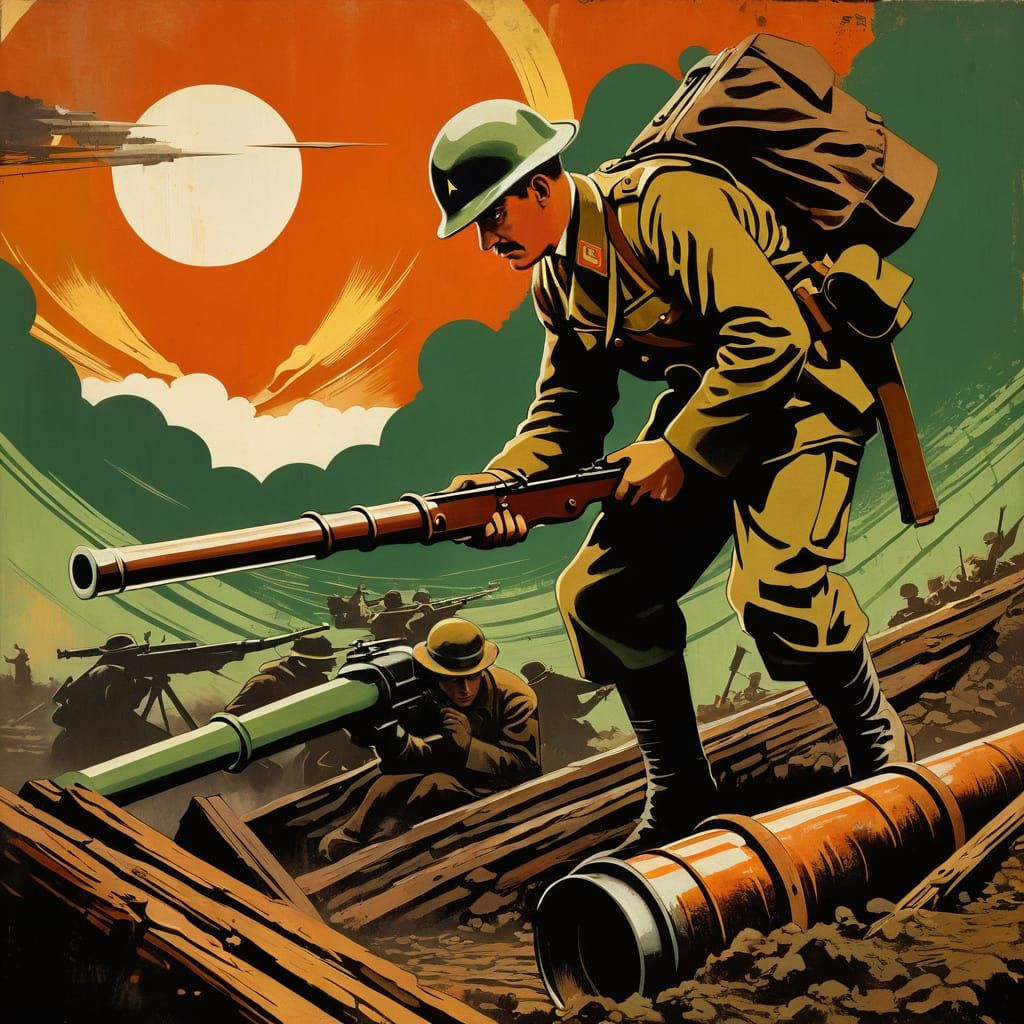 Stark Oil Painting of WW1 Cannon in Triadic Colors