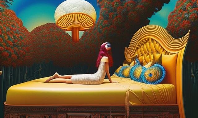 Surreal Sun and Moon Bed with Mushroom, Ornate Art