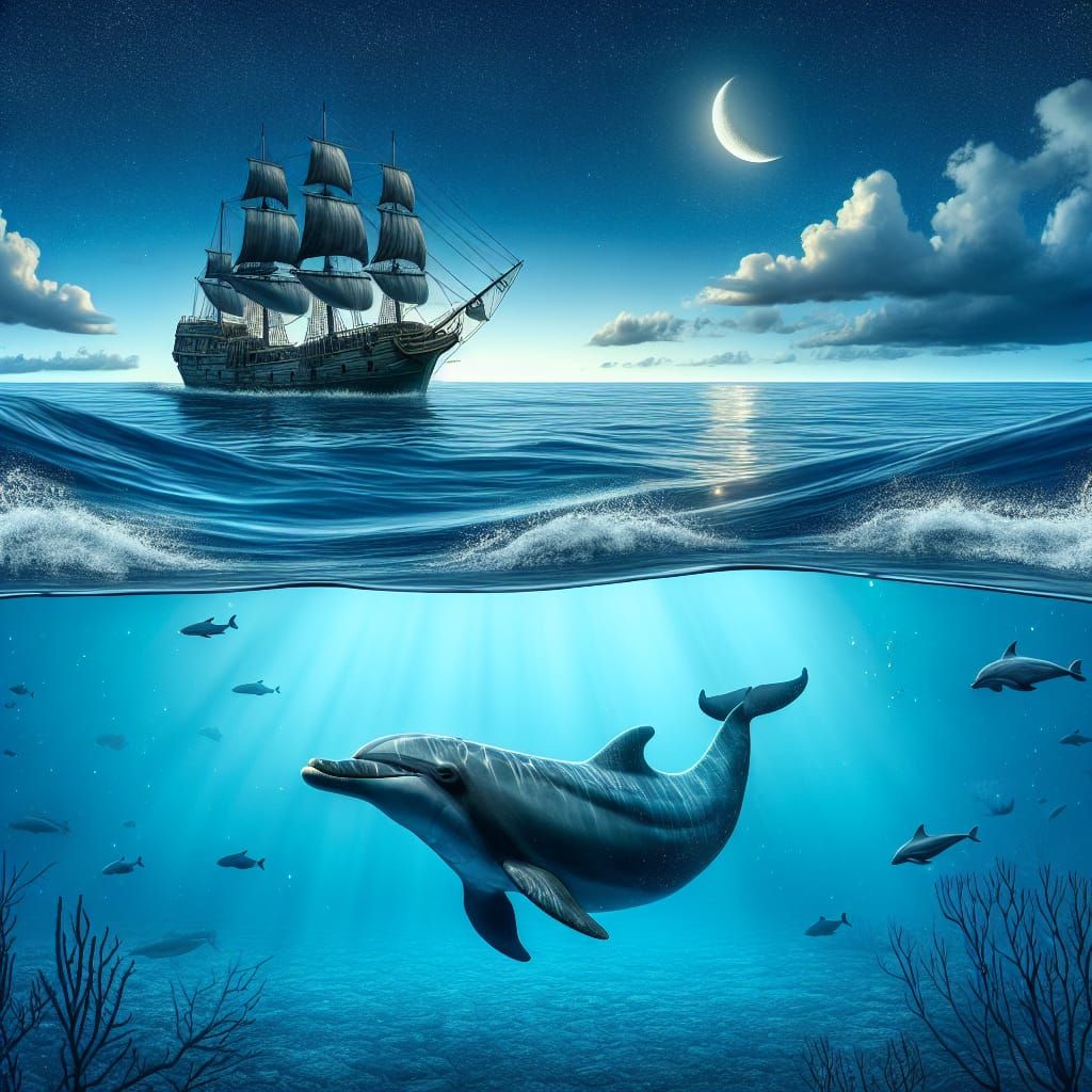 Dolphin and Pirate Ship Under Crescent Moon