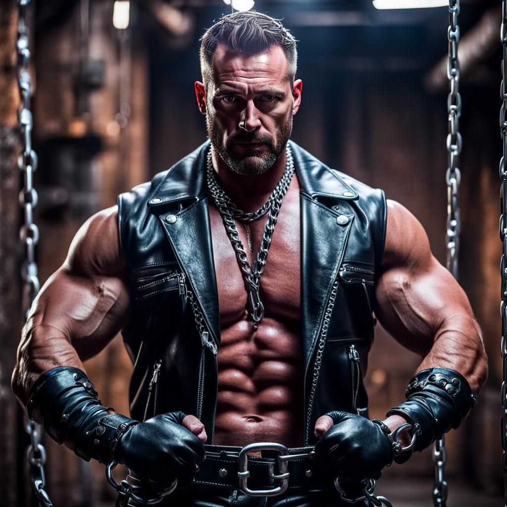 Leather-Clad Man with Chains in Dungeon Setting