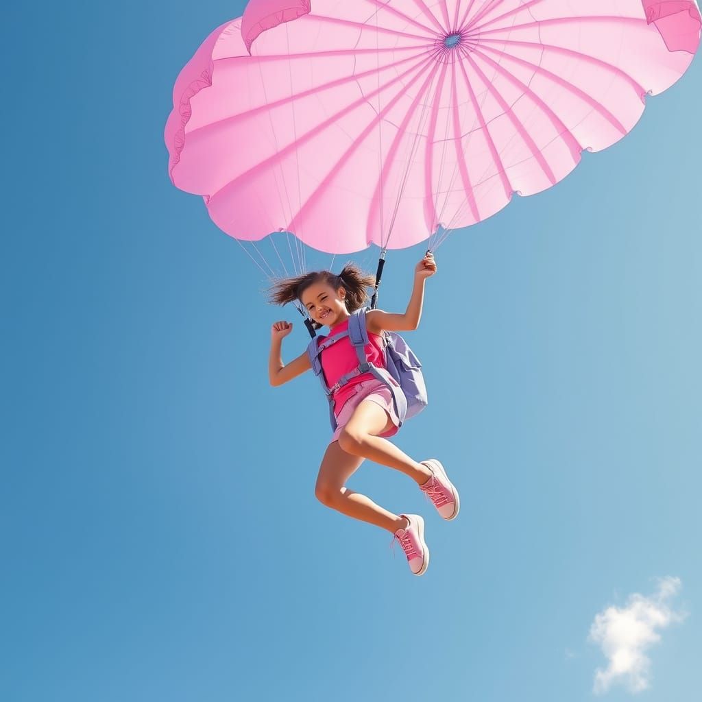 Girl with Violet Parachute Soaring in Blue Sky