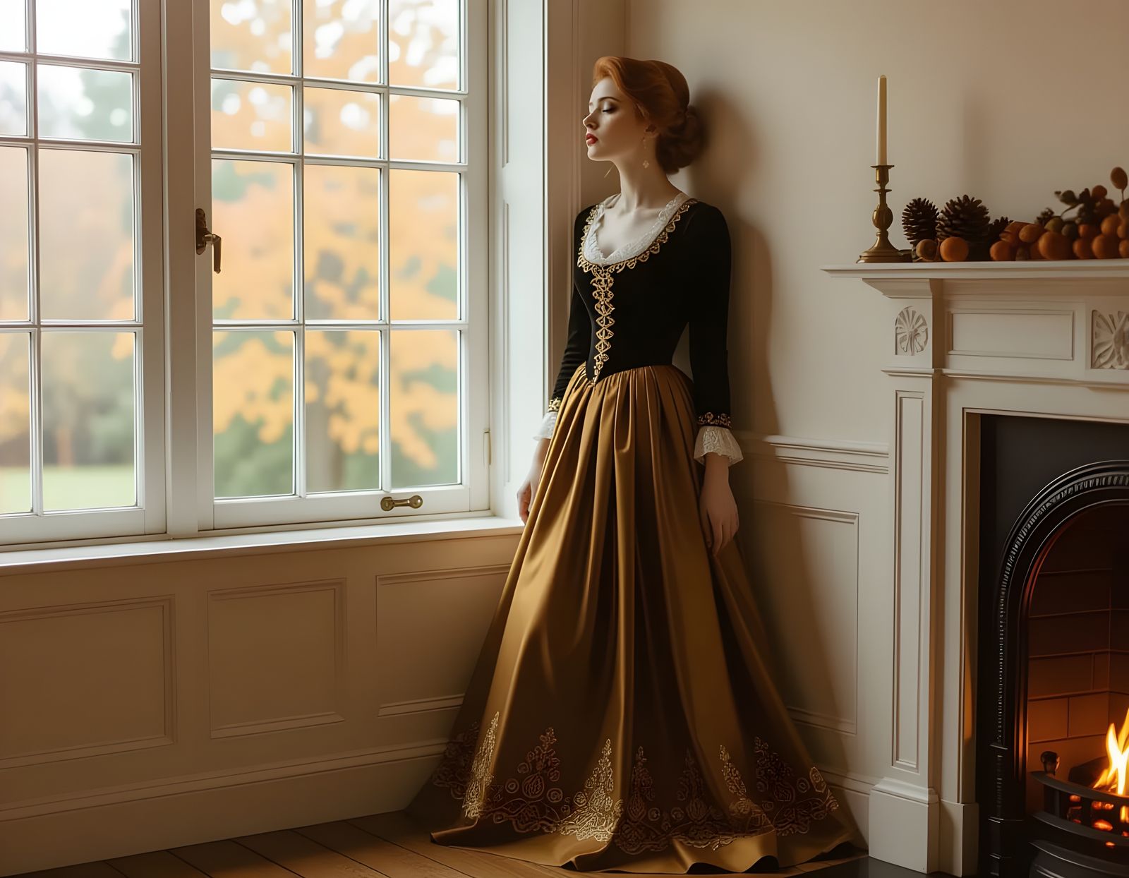 Sad Autumn Woman in Cozy Room, Golden Hair and Embroidery