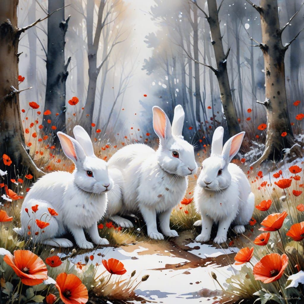 Three White Rabbits in Snowy Autumn Forest Painting
