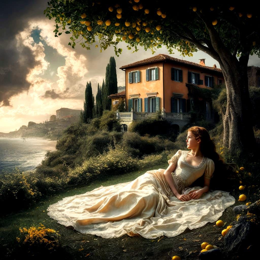 Girl Under Lemon Tree in Italy: Digital Painting