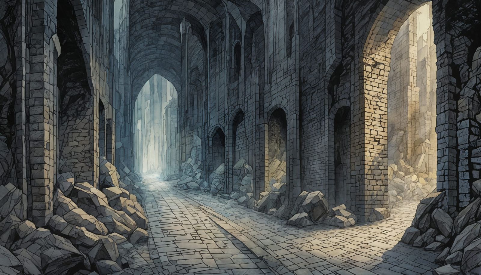 Dark Art Deco Watercolor of Misty Moira Mine Interior