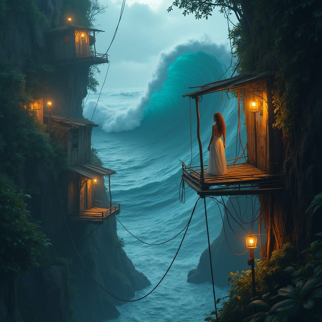 Vibrant Favela City Hangs Precariously Above Dark Blue Water...