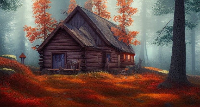 Cabin in a Fall Forest: Cinematic Illustration