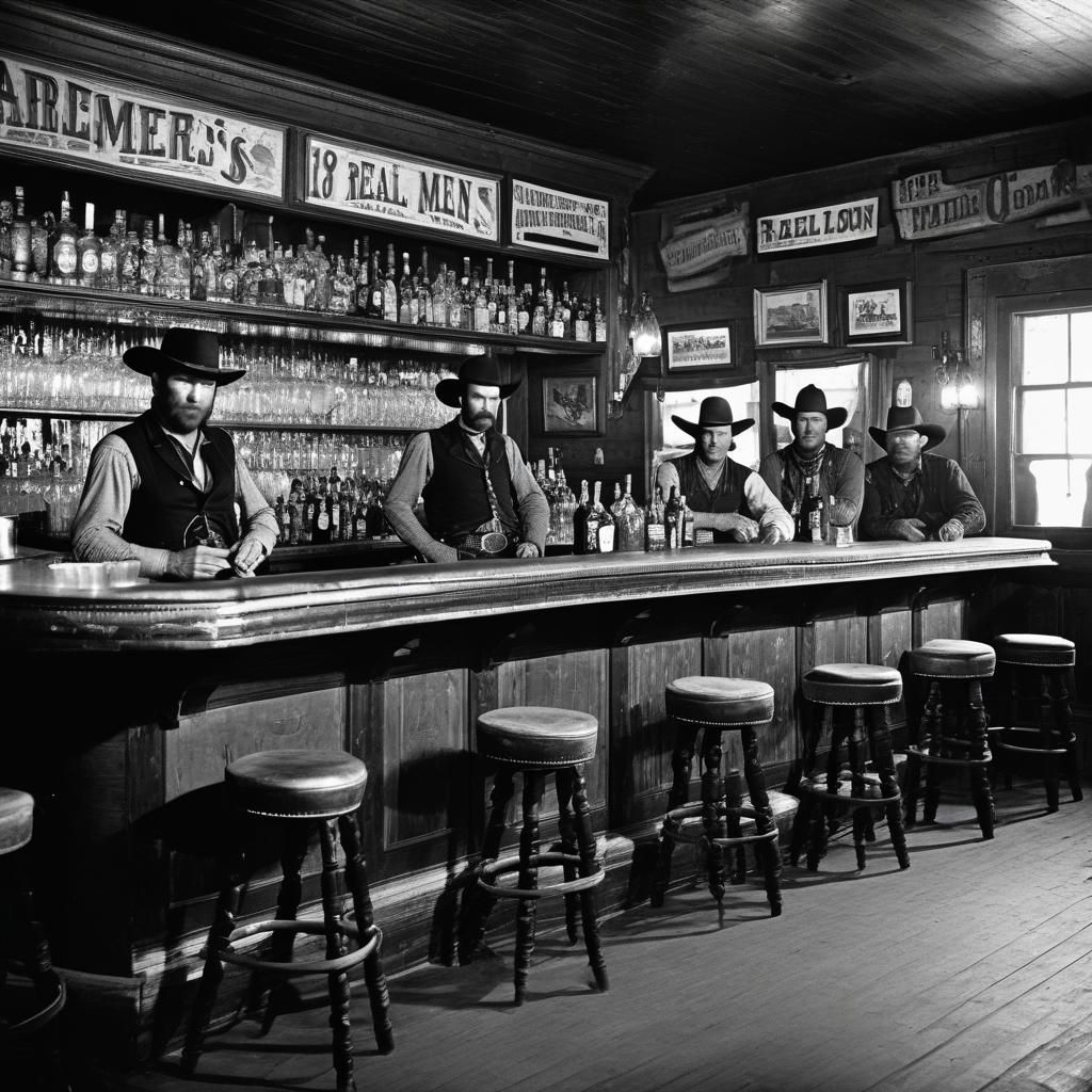 {{1875 A bartender behind a bar in a saloon, waiting on cust...