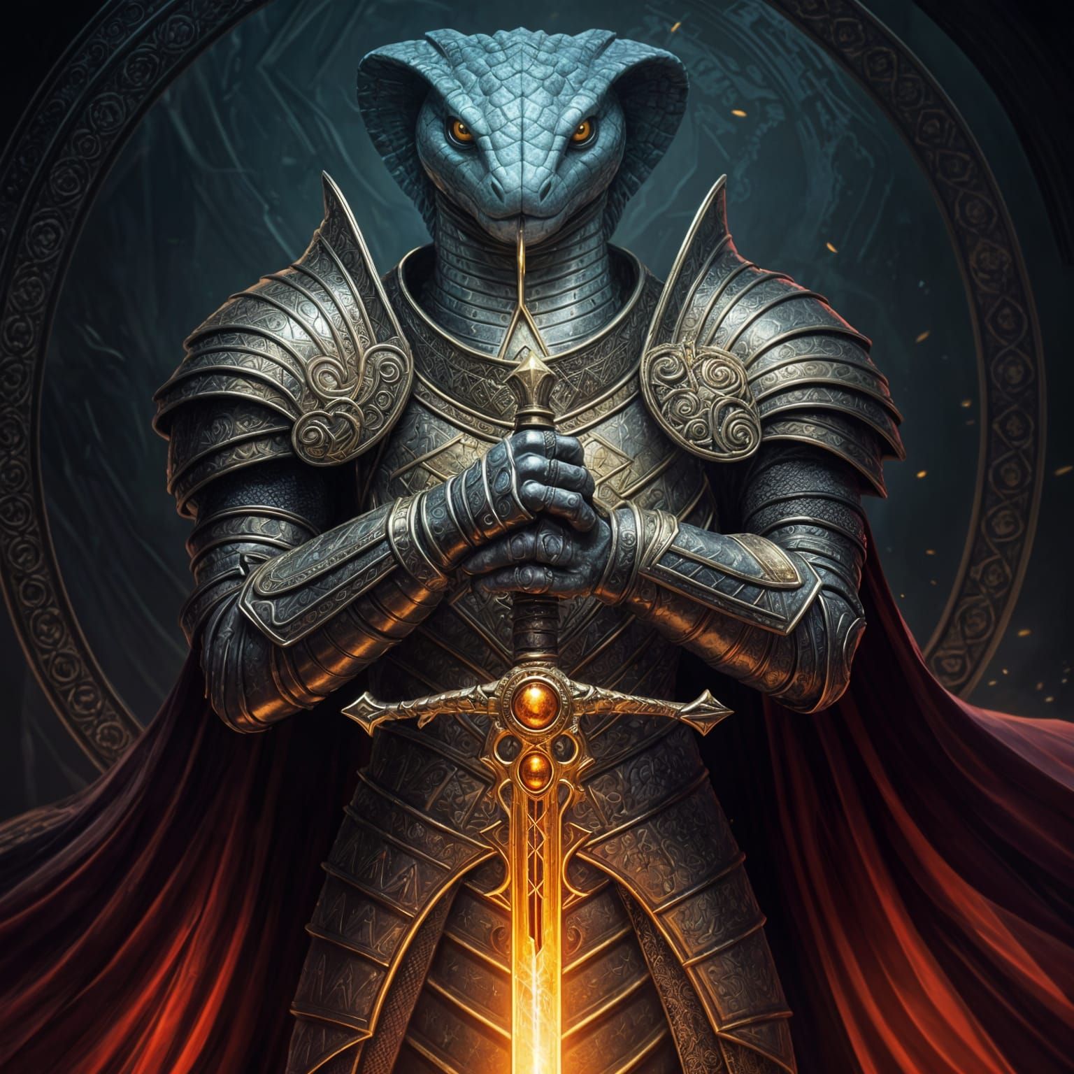 Anthropomorphic Snake Knight with Jeweled Longsword