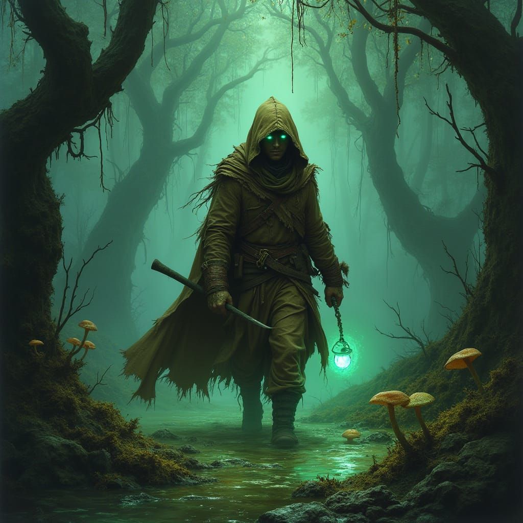 Rogue in Emerald Swamp: Dark Fantasy Art