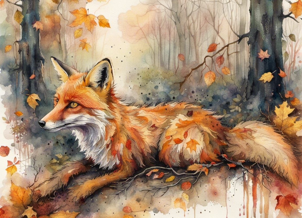 Golden Autumnal Fox in Forest, Watercolor Style