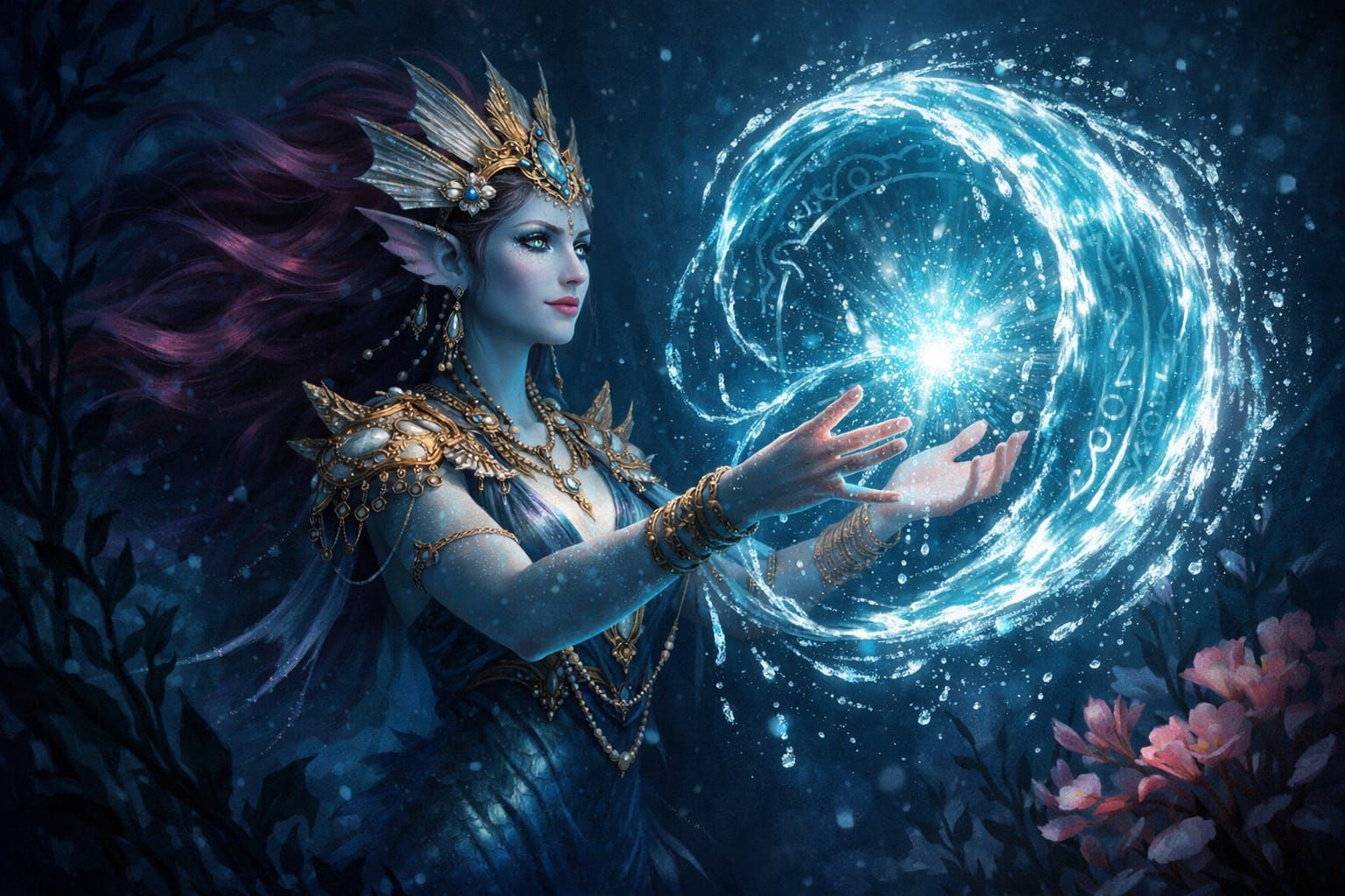Merfolk Cleric Shaping Water Magic in Dark Depths
