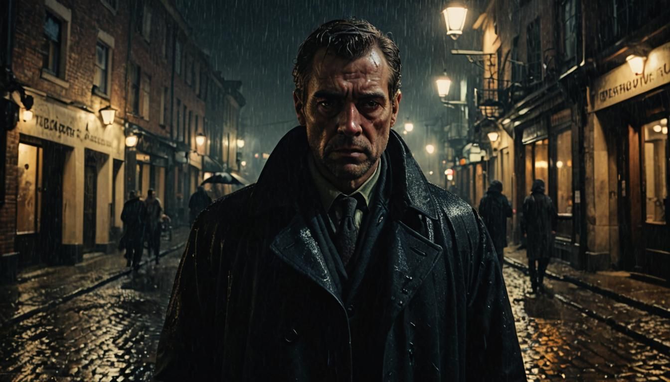 Noir Man in Rainy Old Town: Cinematic Film Still