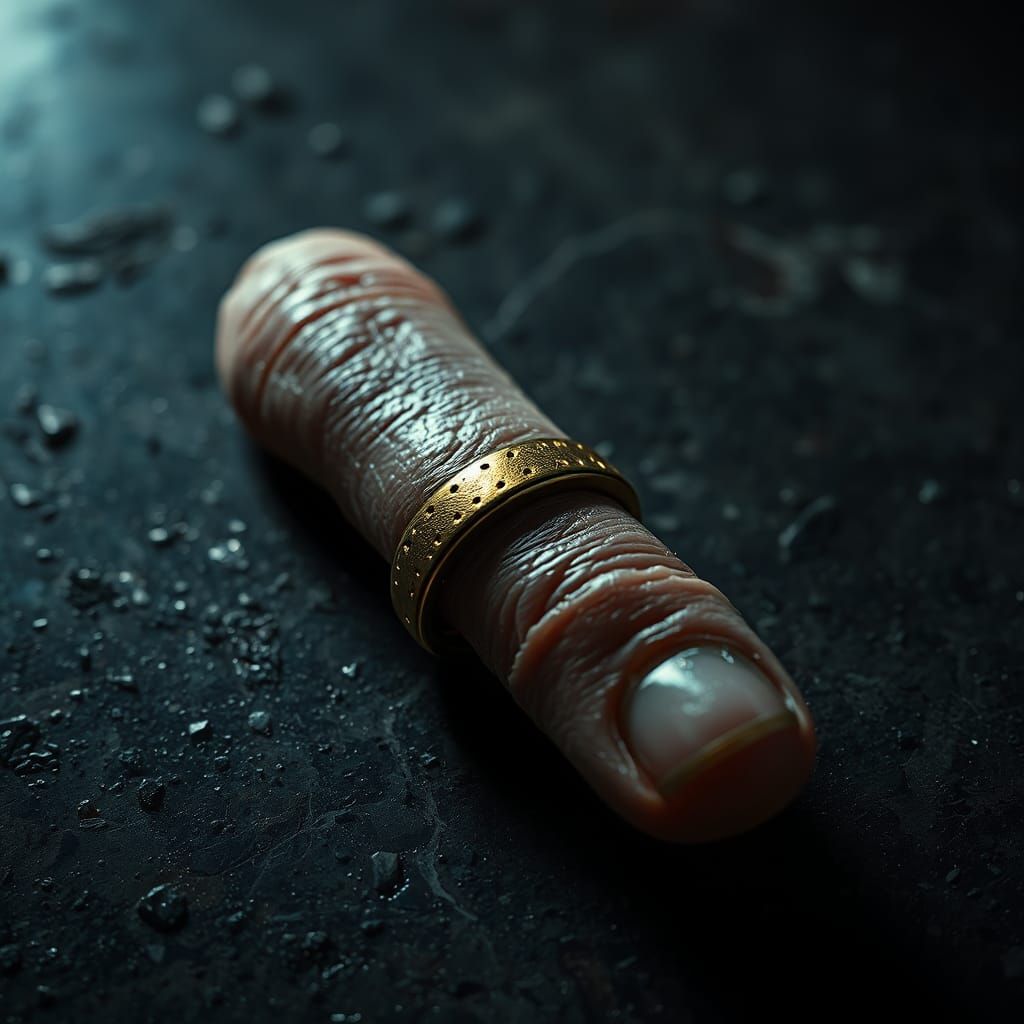 Severed Ring Finger on Granite in Dystopian Style