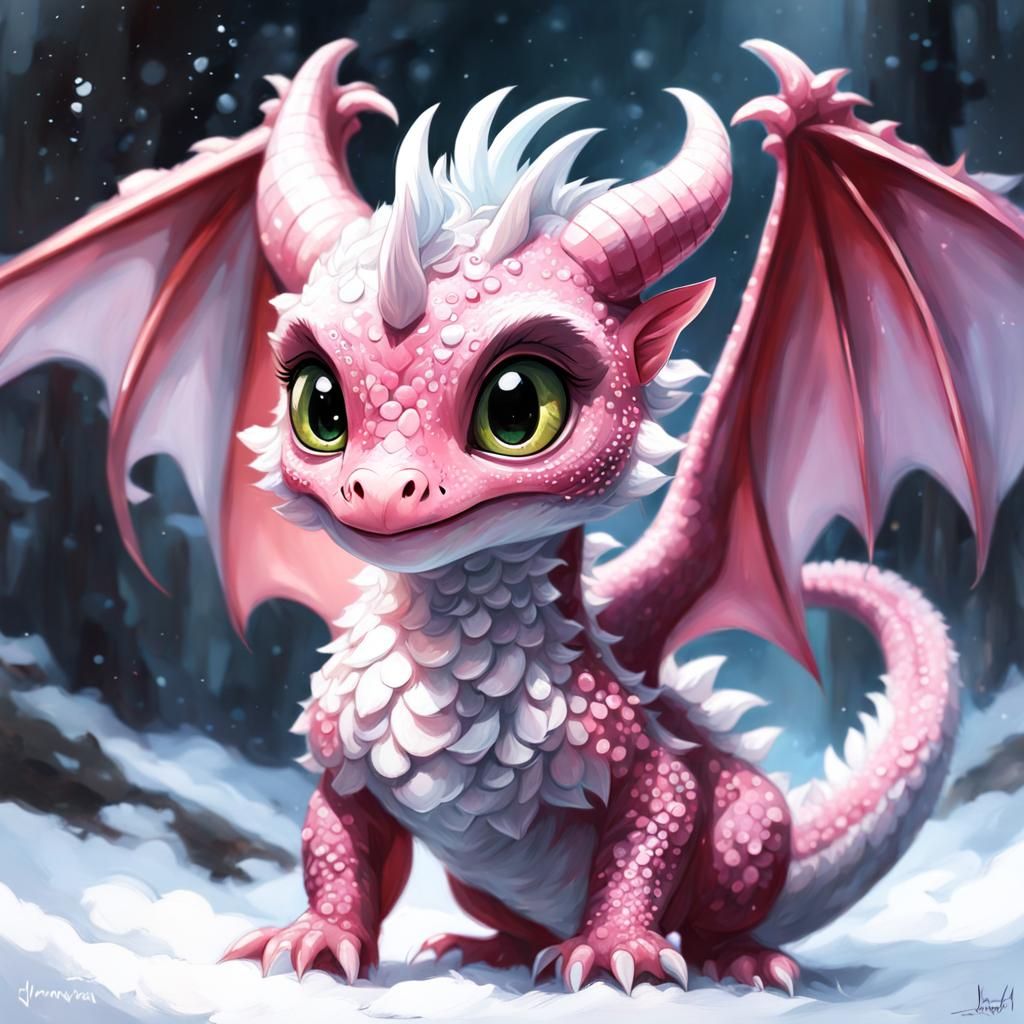 Adorable Baby Dragon Oil Painting with Big Eyes